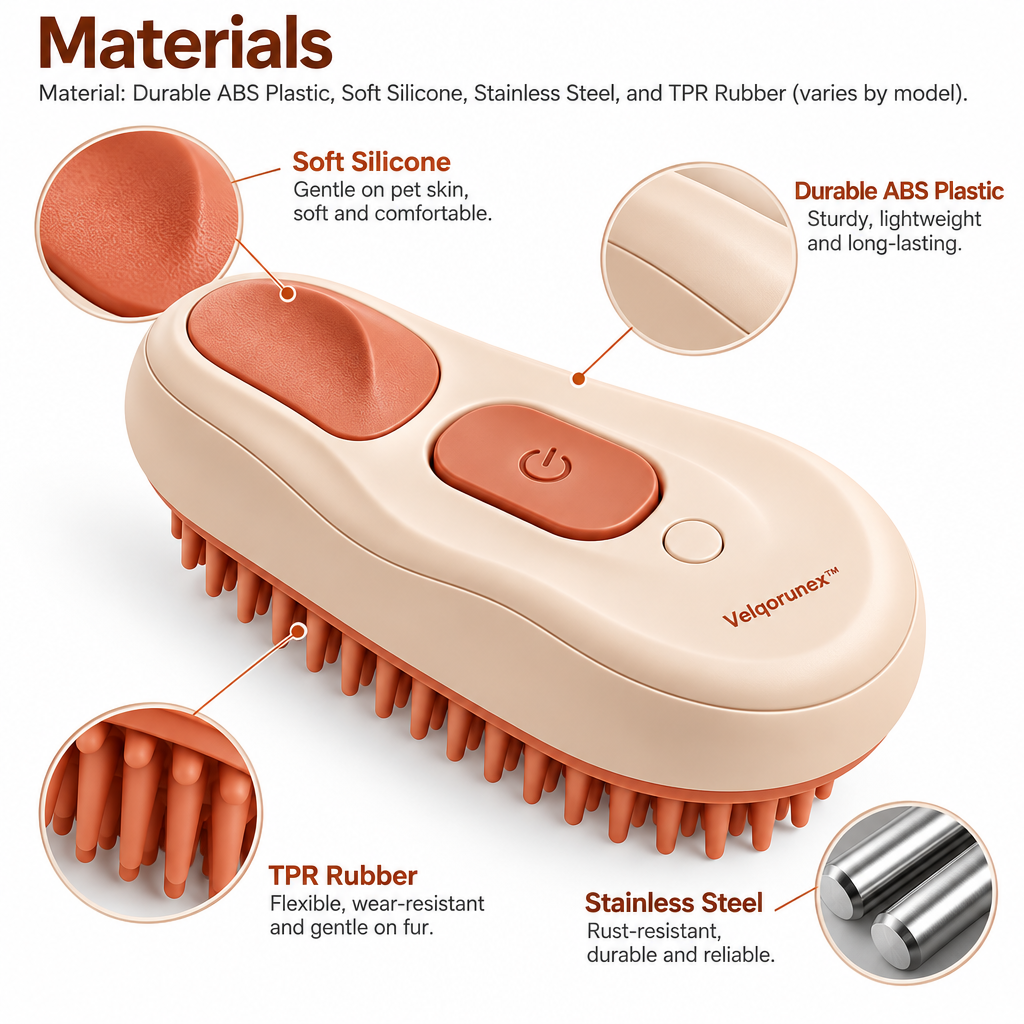 Velqorunex™ Peach Comfort Massage Grooming Brush materials